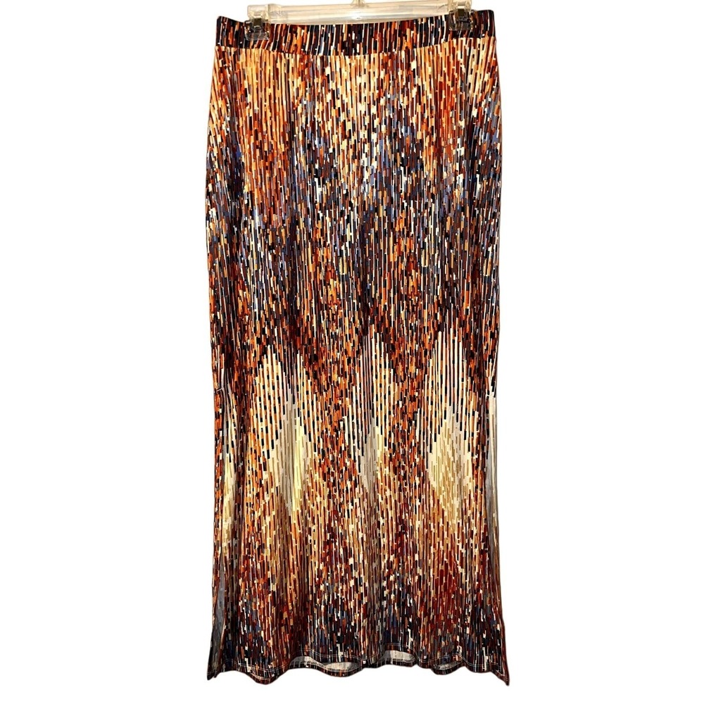 Lane Bryant Women 14/16 Maxi Skirt Orange Blue Chevron Geometric Side Slit Rayon